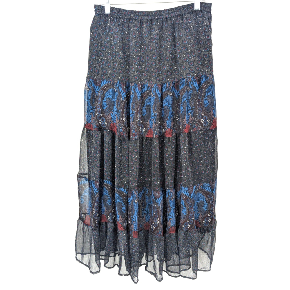 Solitaire Skirt Womens Medium Black Blue Boho Paisley‎ Sheer Maxi Lined India